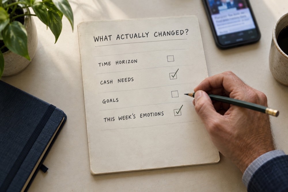 A fictional advisor marks a planning worksheet asking what actually changed before reacting to market news