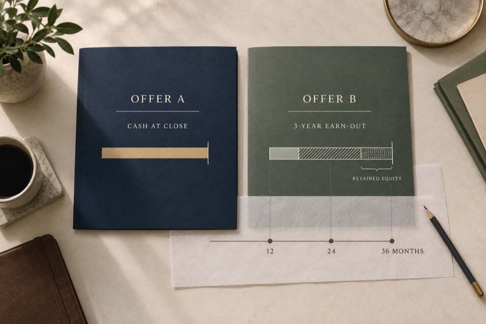 Two fictional business-sale offers compare cash at close with a three-year earn-out and retained equity