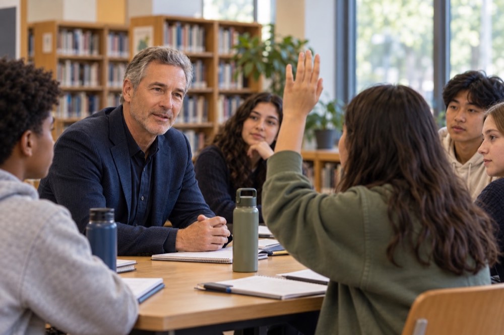 A fictional financial advisor listens as a high-school student raises a hand during a library workshop